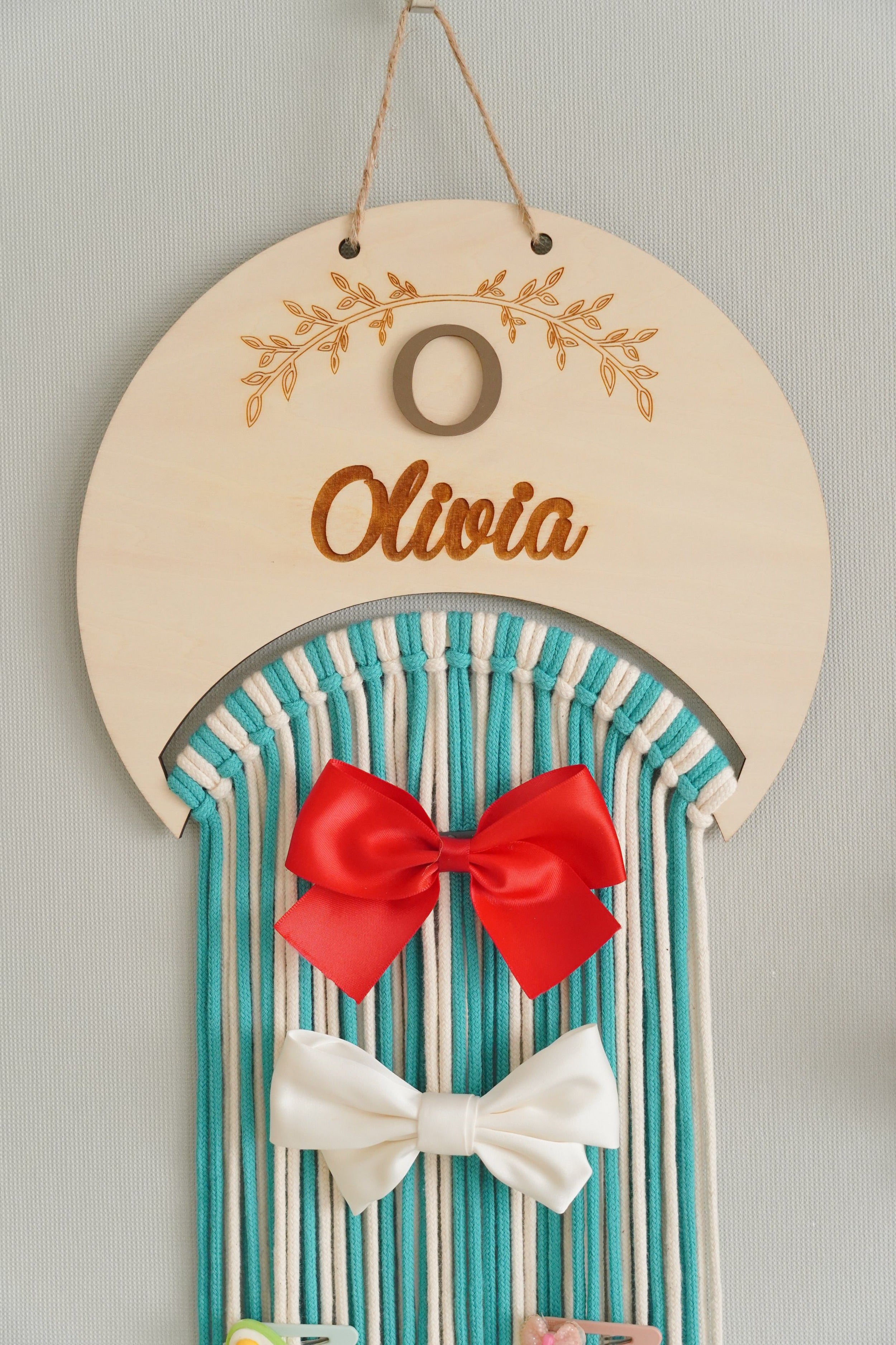 Personalized Macrame Bow Holder wood and Wall Hair Organizer H74