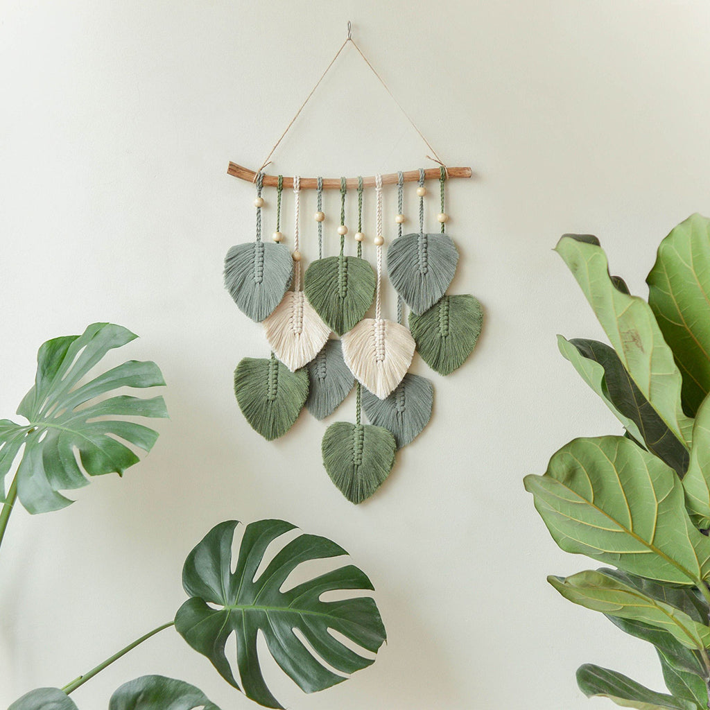 Green Leaves Macrame Wall Hanging For Farmhouse Home Decor