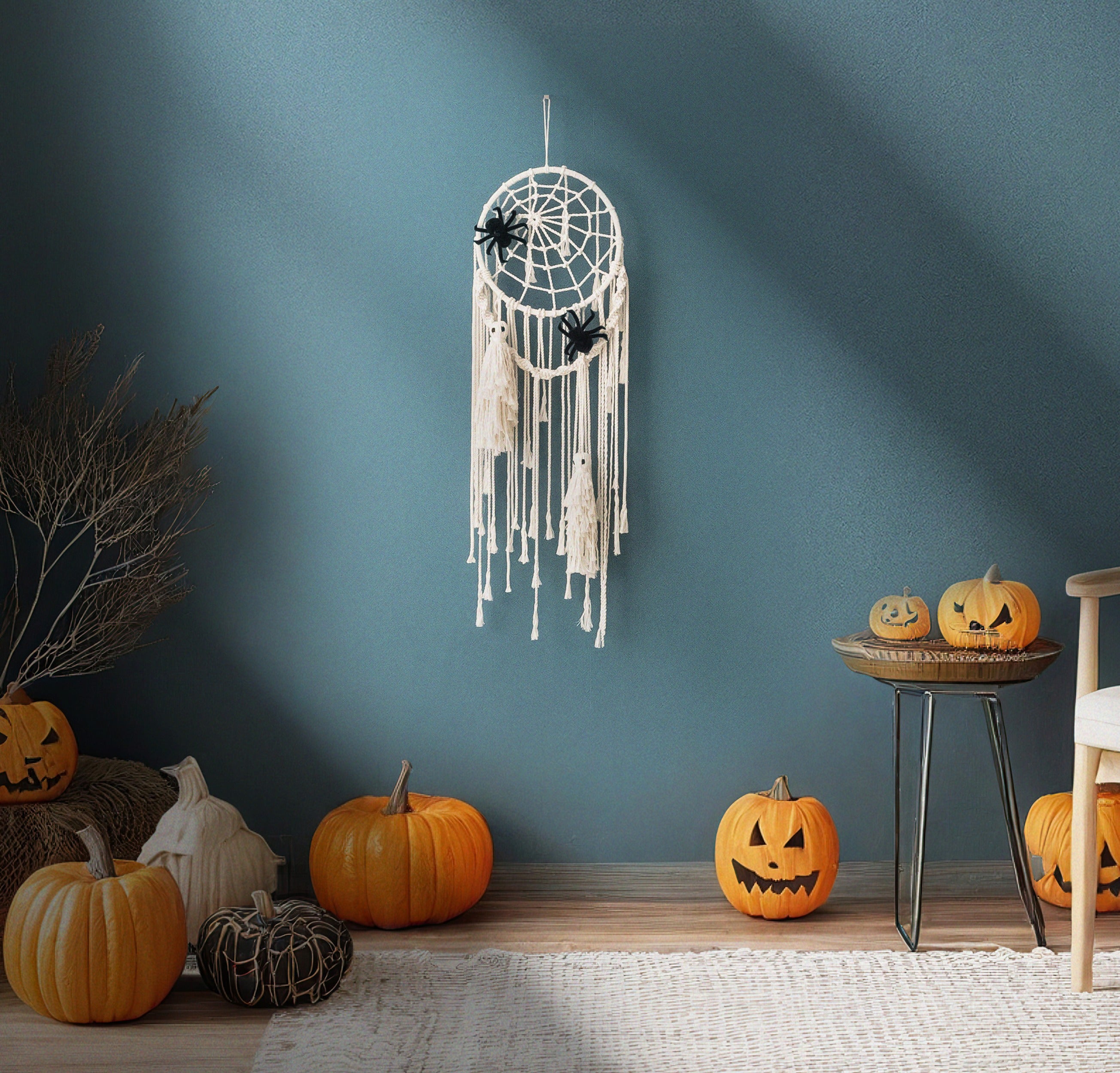 Ghost Spider Macrame Wall Hanging Halloween Wall Decor and Handmade Macrame Art U12