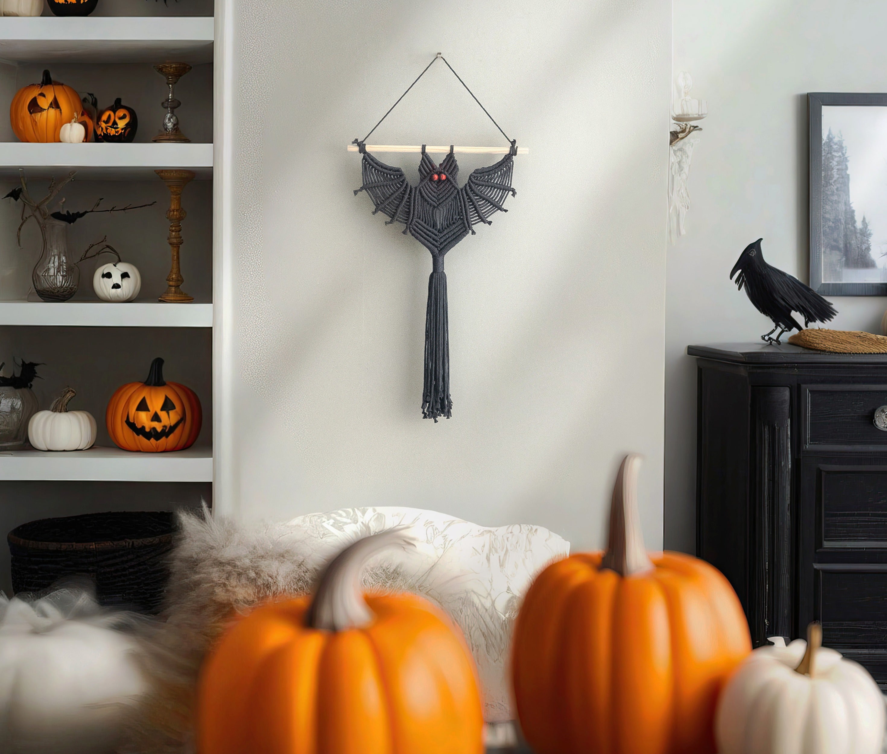 Macrame Wings Wall Hanging with driftwood for spooky gothic wall decor V12