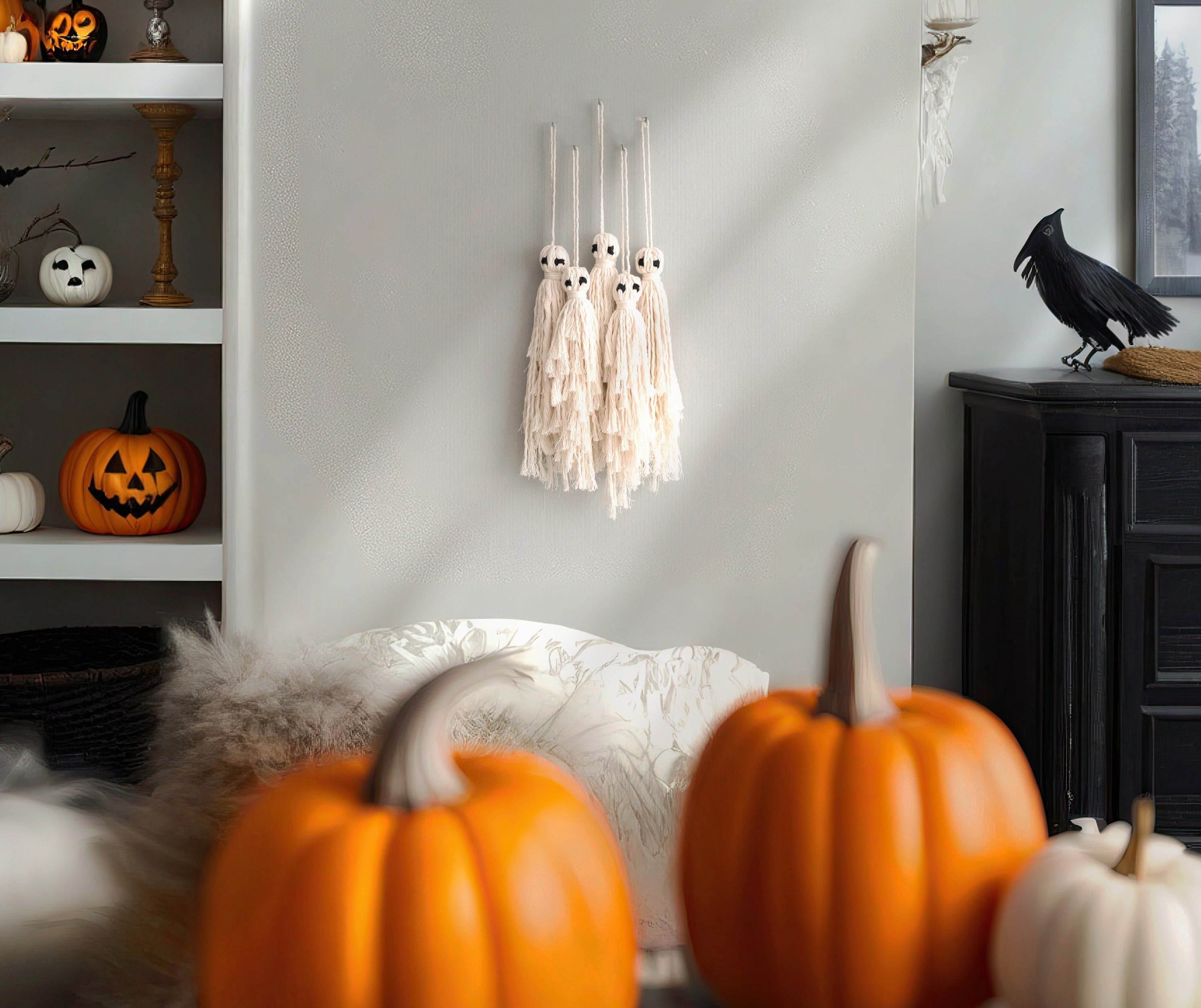 Rustic Halloween Decor – Macrame Ghost Wall Hanging with Cotton Cord V82