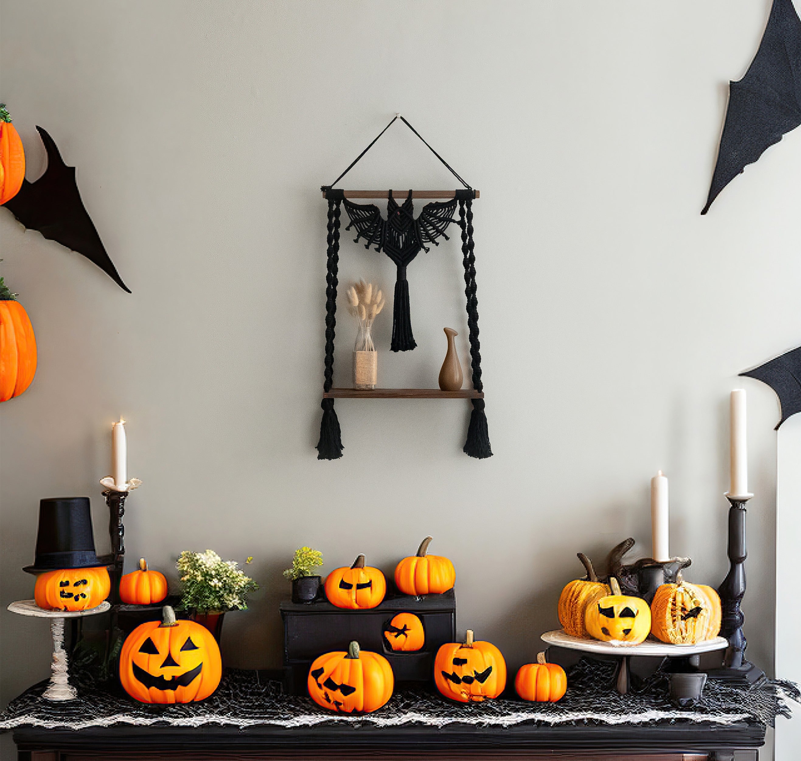 Murciélago colgante de pared de macramé elegante y espeluznante con un toque de Halloween