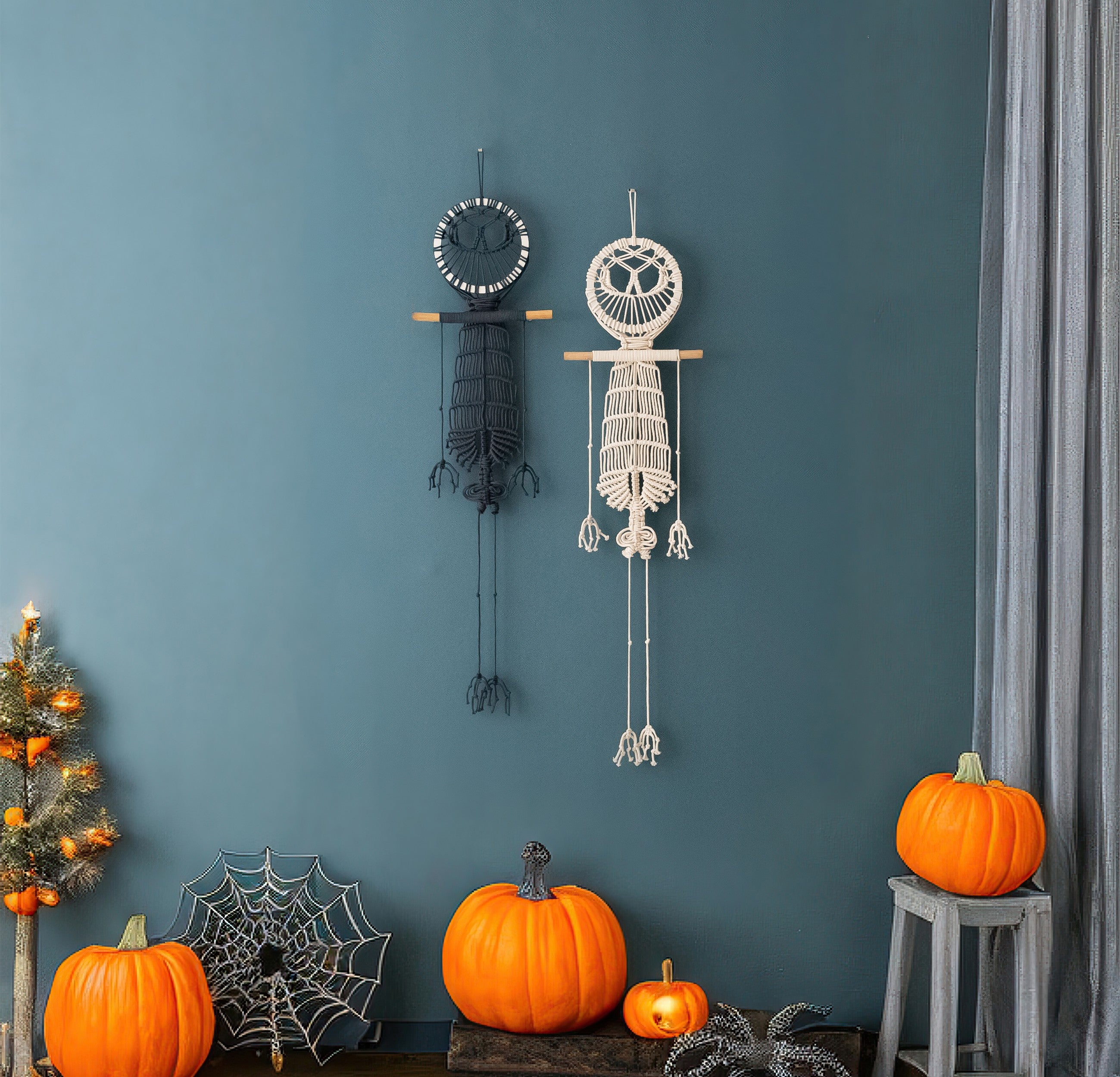 Skeleton Macrame Wall Hanging for Boho Halloween Decor