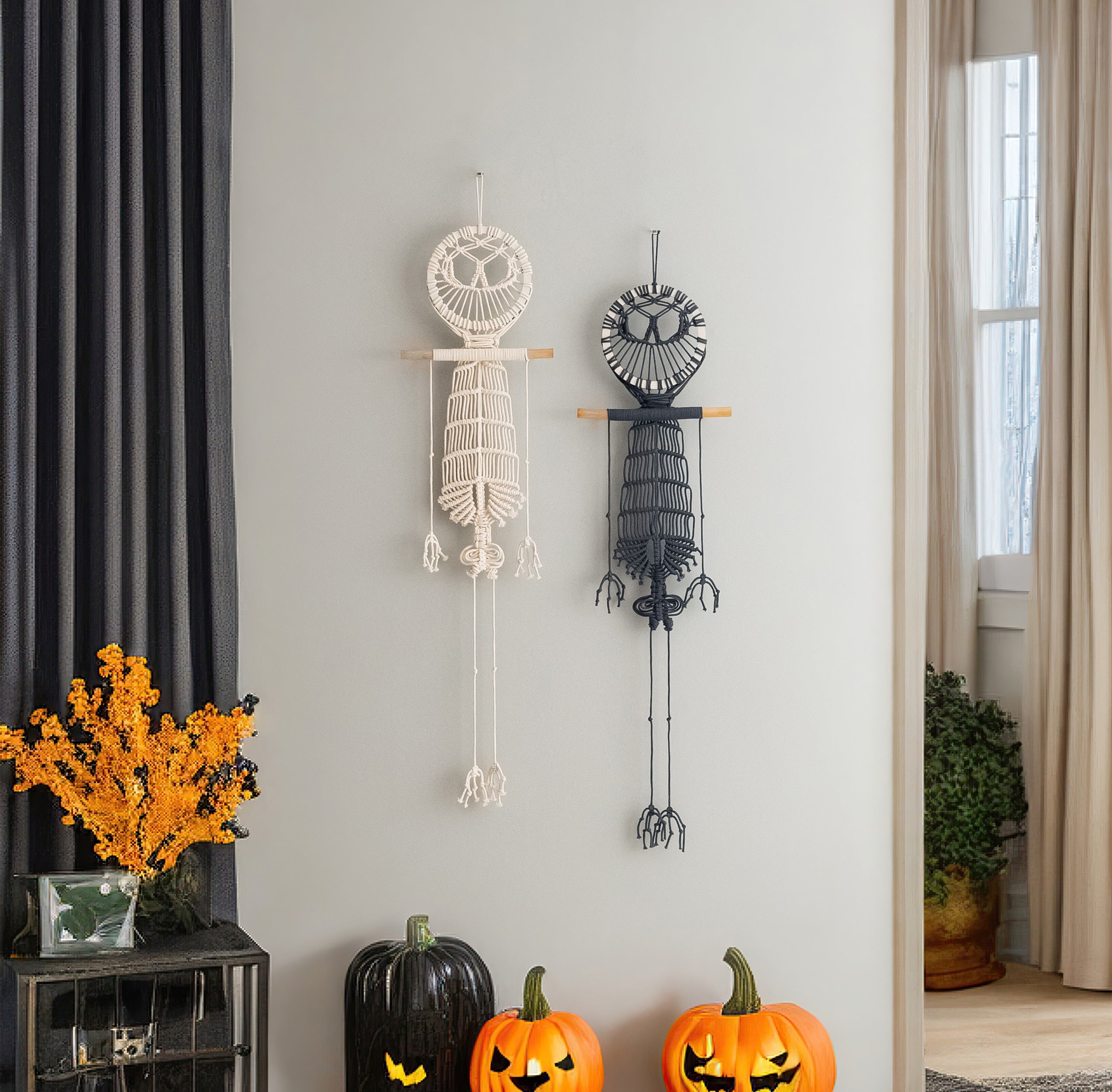 Skeleton Macrame Wall Hanging for Boho Halloween Decor