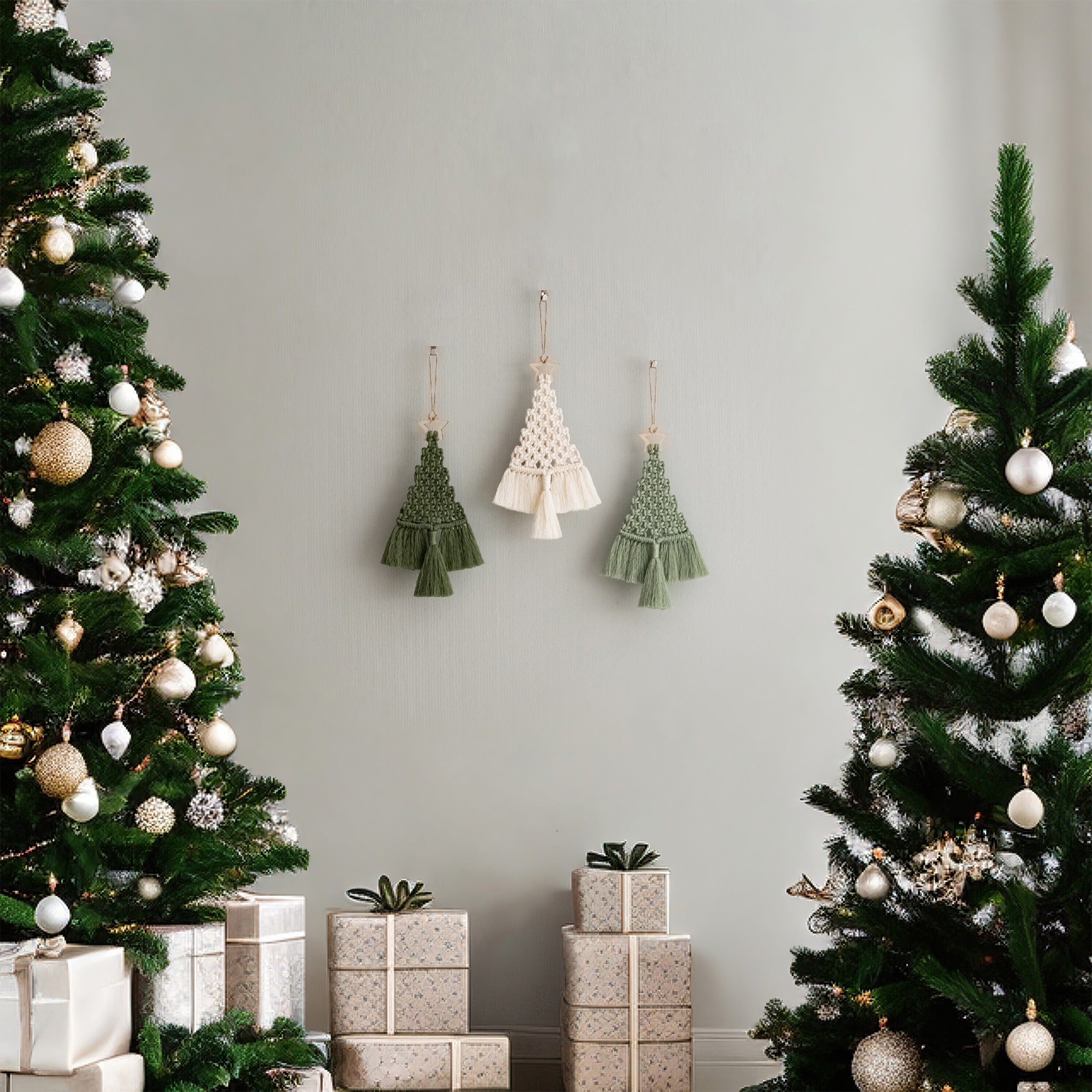 Árbol de Navidad de macramé hecho a mano para decoración rústica de paredes navideñas