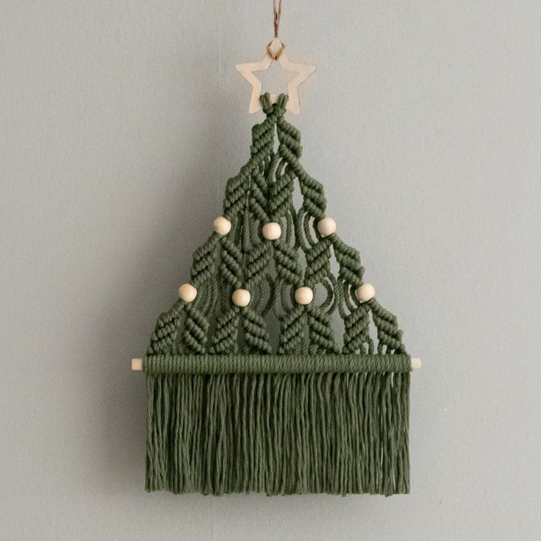 Macrame Beaded Christmas Tree Ornament – Rustic Cotton Cord Decor X08