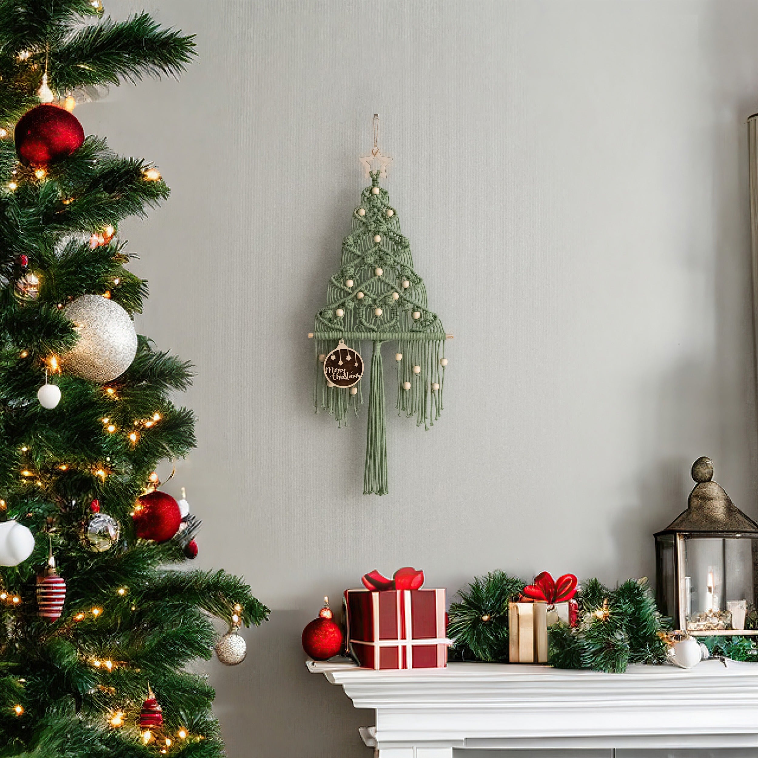 Árbol de Navidad de macramé para colgar en la pared como decoración festiva 