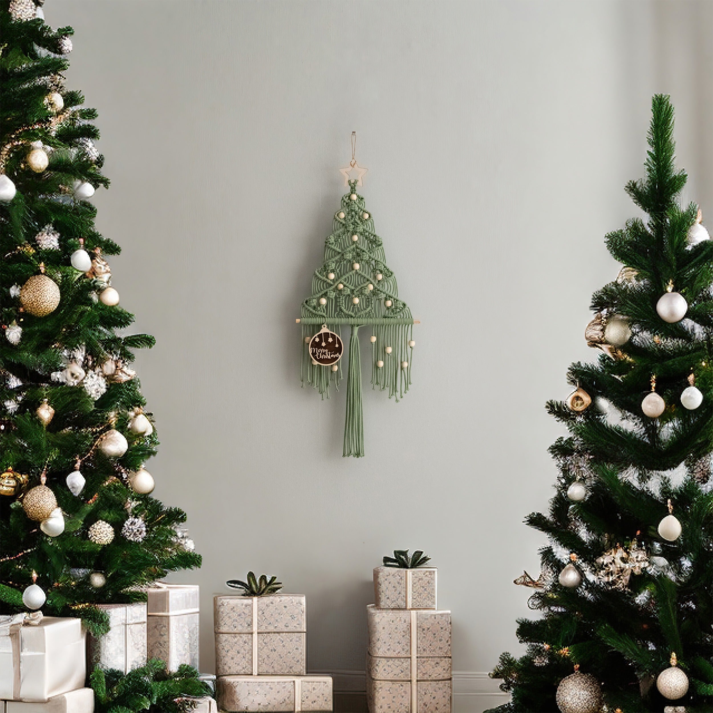 Árbol de Navidad de macramé para colgar en la pared como decoración festiva 