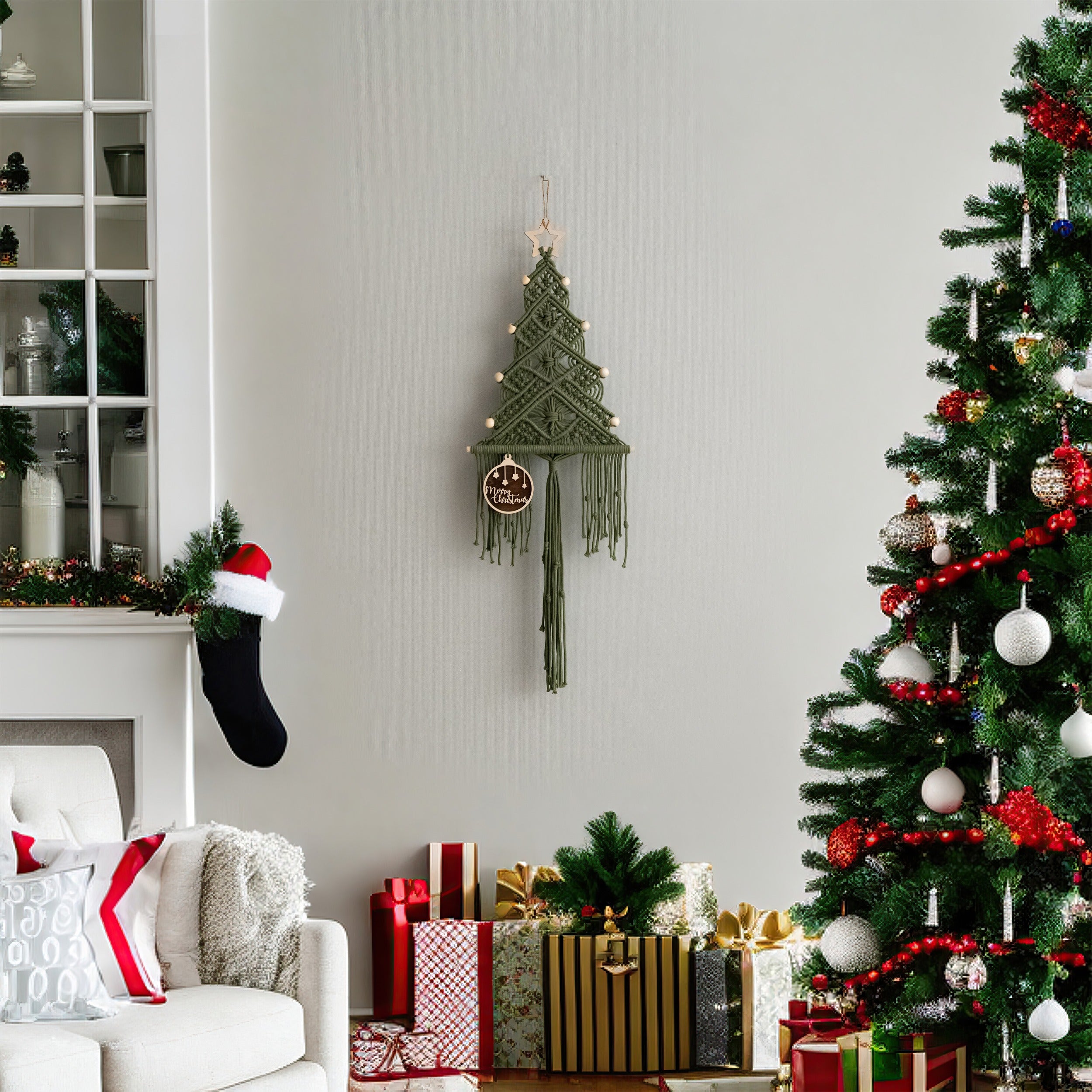 Árbol de Navidad de macramé para la decoración festiva del hogar 