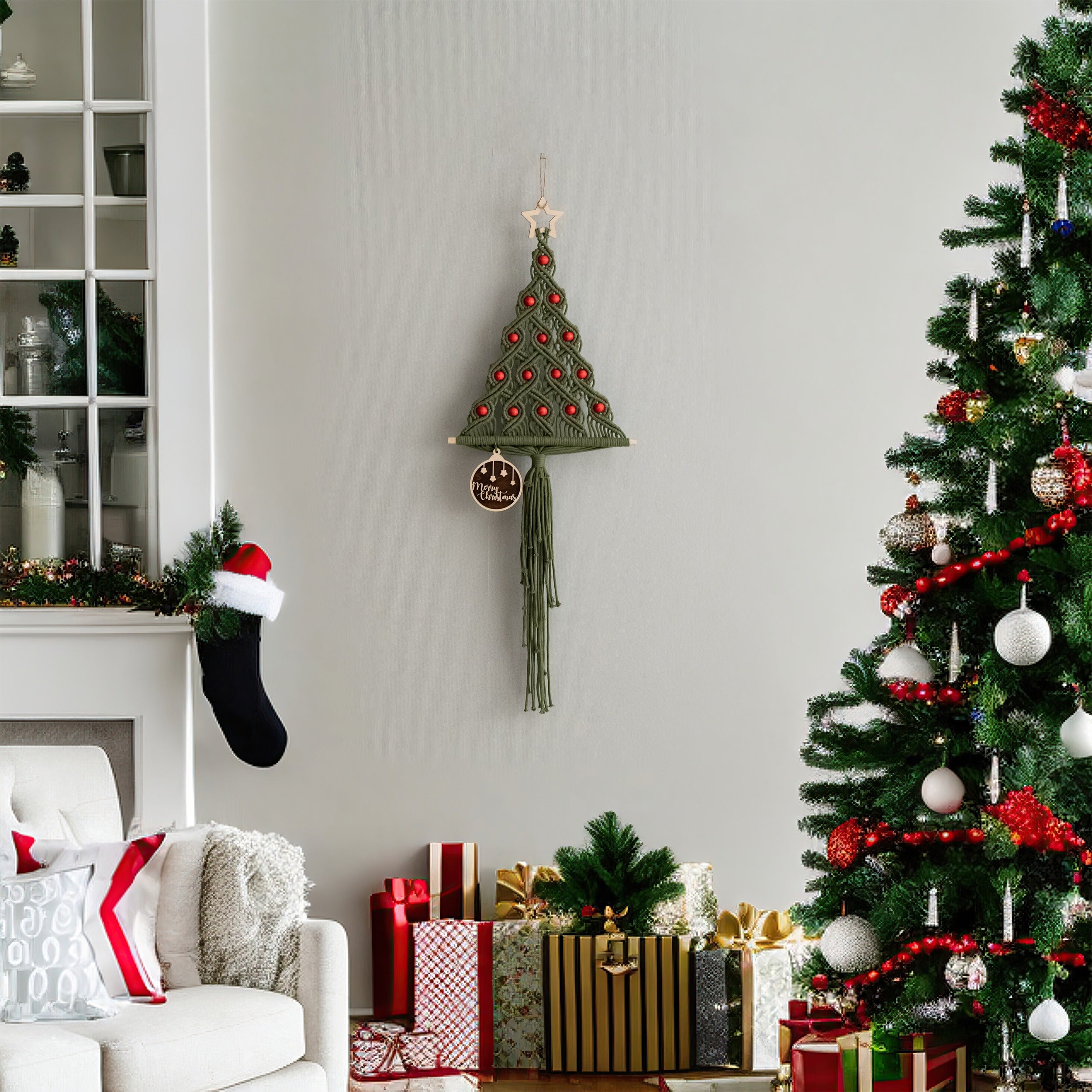 Árbol de Navidad de macramé para la decoración navideña de la pared de la sala de estar estilo boho 