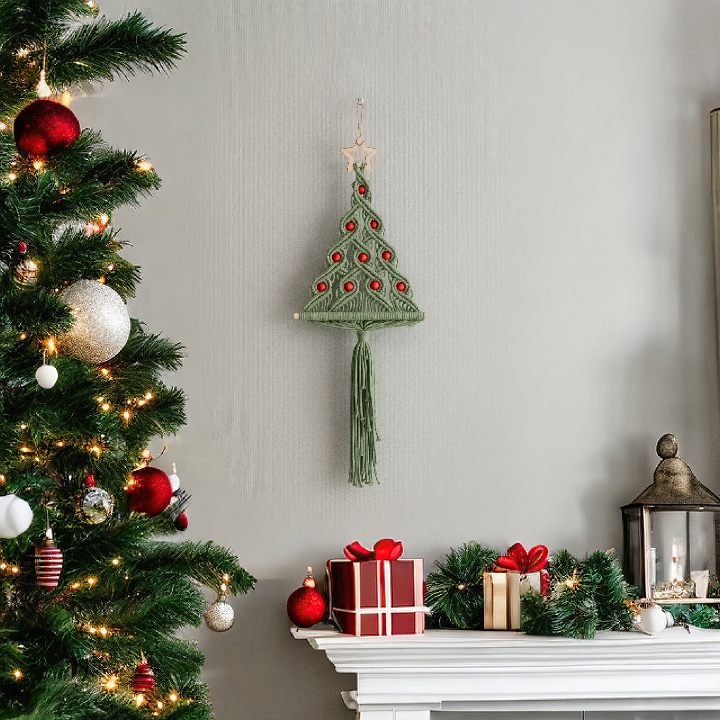 Árbol de Navidad de macramé bohemio para decorar la pared de forma festiva 