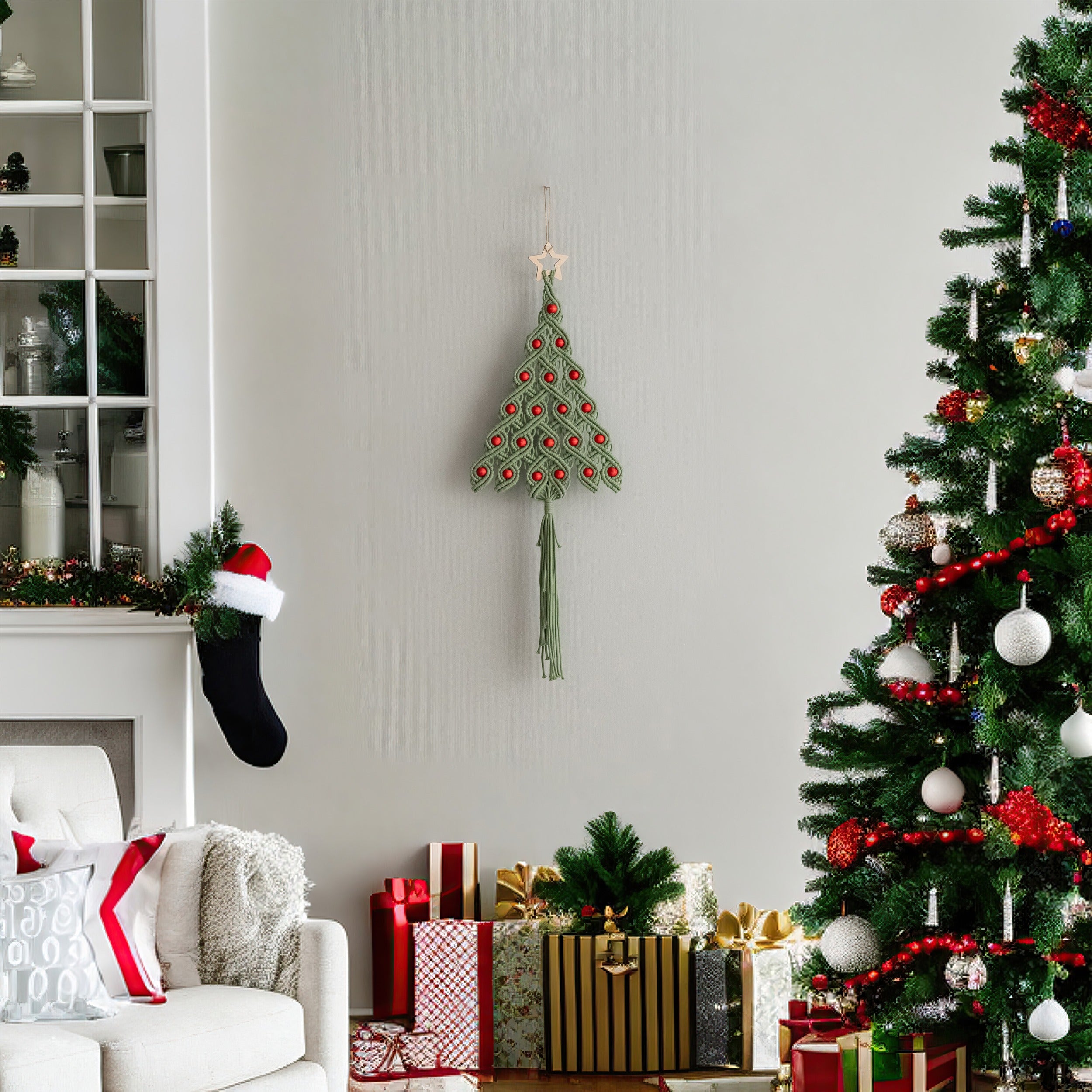 Árbol de Navidad de macramé para decorar la pared durante las fiestas 