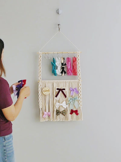 Rainbow Macrame Wall Hanging | Boho Wall Decor & Hair Clips Organizer | Handmade Cotton Rope | 60x23cm