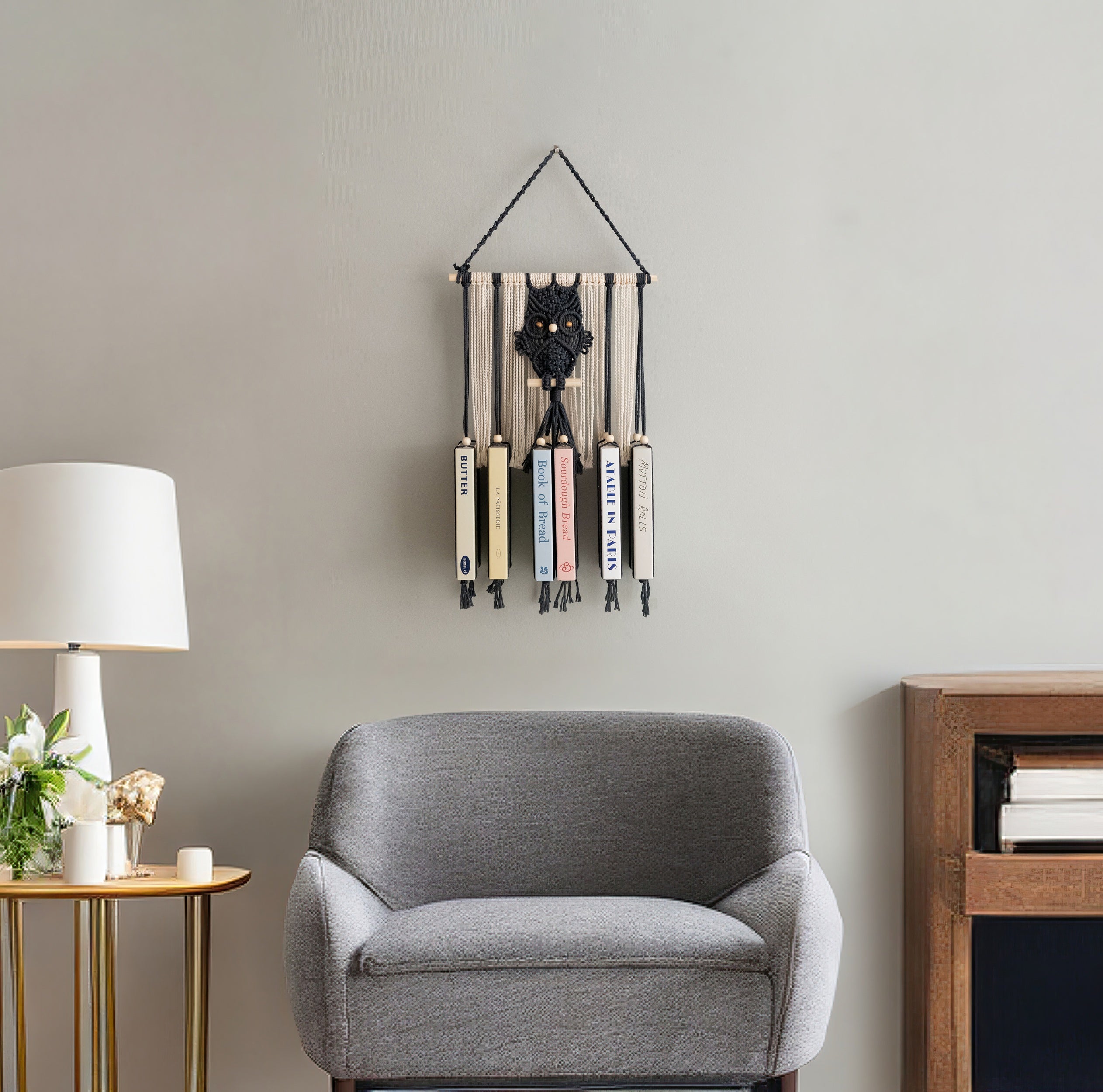 Macrame Owl Book Hanger – Hanging Bookshelf with Owl Design H76